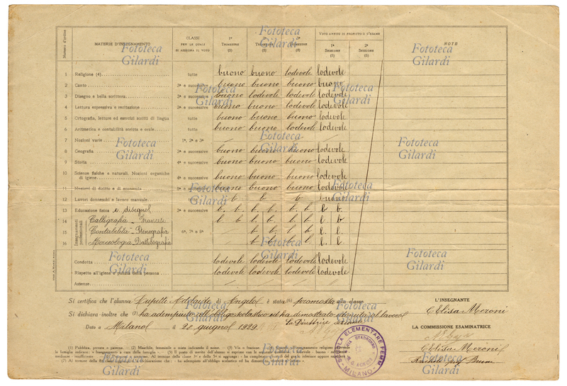 PAGELLA interno con le valutazioni, della scuola elementare classe 8° (equivalente a 3° media inferiore odierna), sezione ==, rilasciata a Lupetti Adelaide, nata a Turro Milanese. anno scolastico 1928 - 1929