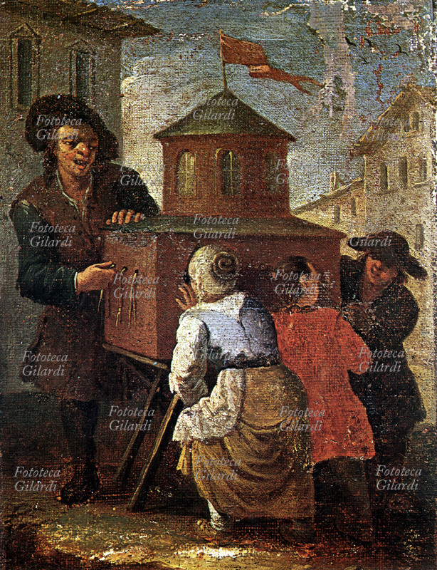 STORIA DEL CINEMA Pantoscopio o diorama ambulante. Anonimo, dipinto a olio su tela, XVIII secolo