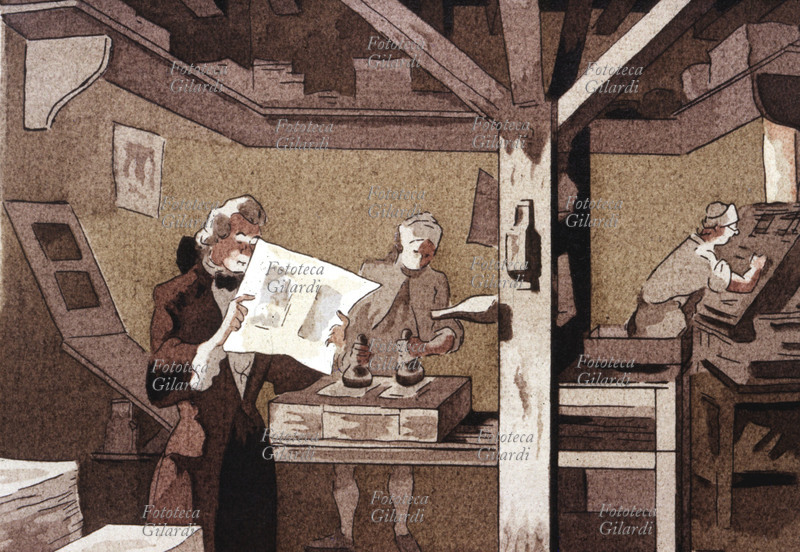 Giacomo CASANOVA (2 aprile 1725 – 4 giugno 1798), avventuriero, scrittore, poeta, alchimista, esoterista, massone, diplomatico, scienziato, filosofo e agente segreto italiano, cittadino della Repubblica di Venezia, seduttore per antonomasia, raffigurato in tipografia mentre controlla le bozze della prima edizione delle sue memorie. Acquarello di Jacques Touchet (17 settembre 1887 - 23 novembre 1949), da una serie per illustrare le \