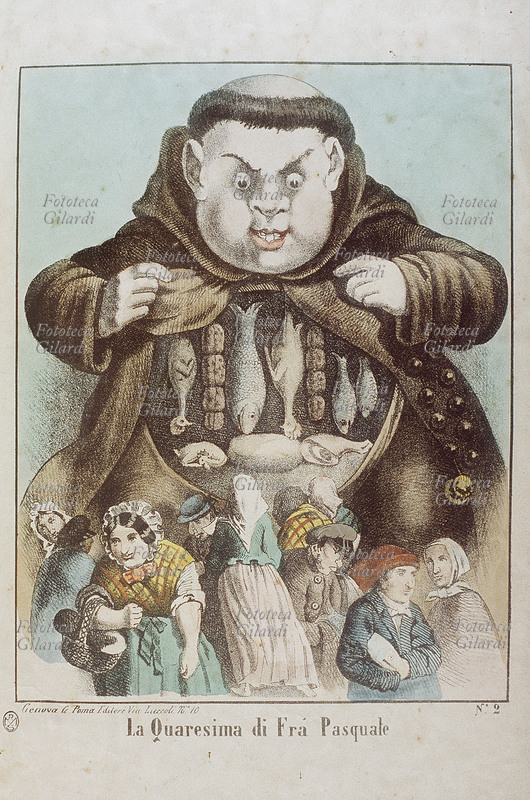 CARICATURE La Quaresima di fra Pasquale. Mentre la gente comune fa penitenza, il frate nasconde ogni tipo di vivande sotto la tonaca. Stampa popolare acquarellata, G. Poma editori, Genova 1860 circa.