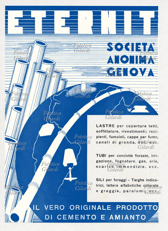 ETERNIT pubblicità per Eternit Società Anonima di Genova, produzione di Lastre per coperture tetti, Tubi per condotte forzate, etc... \