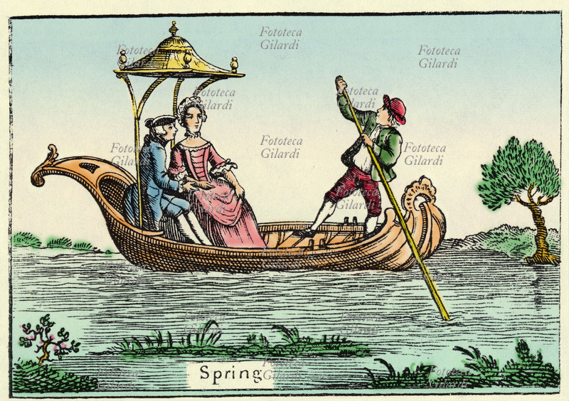 STAGIONI Primavera: una romantica gita in barca. Incisione Bowles & Carrer, Londra, XVIII secolo.