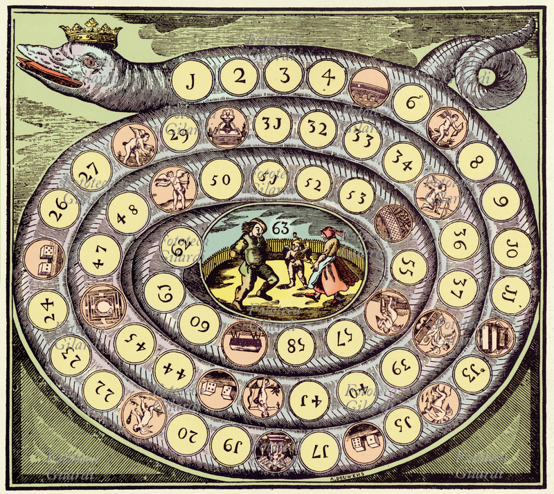 GIOCO il gioco del basilisco o cupido xilografia olandese colorata, del XVIII secolo