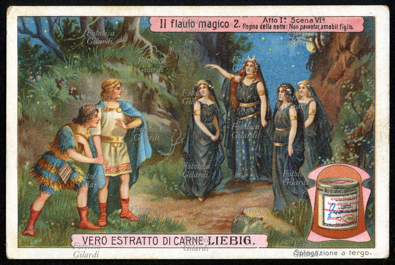 Wolfgang Amadeus Mozart (1756-1791). The magical Flute, Action 1° scene YOU. “Queen of the night: not paventar amabil son”. Tamino loves Pamina, the daughter of the Queen; the young person has been kidnapped and the mother hopes that Tamino the blank ones: she donates a companion, Papageno and to everyone of a two magical object that will help them in the enterprise. Liebig little figure of the entitled series “the Magical Flute” (2); cromolitografia, Italy 1909