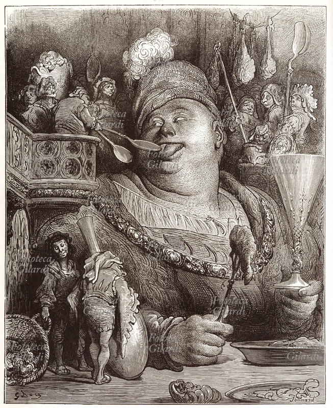 François RABELAIS (1494-1553) Gargantua ad una cena paesana. Quattro uomini gli riempono la bocca a palate di mostarda (I, 21). Illustrazione di Gustave Doré per il romanzo \