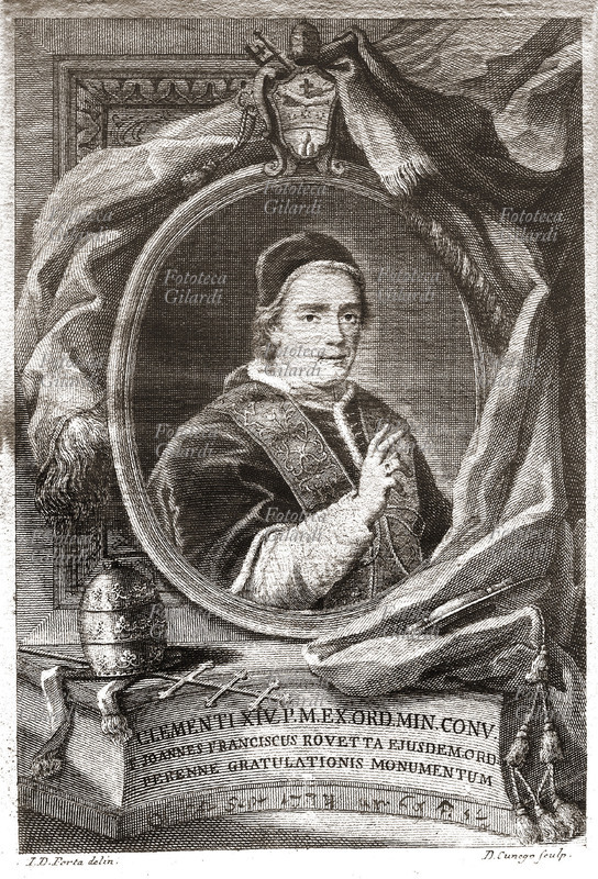 PAPA CLEMENTE XIV Lorenzo Gianvincenzo Garganelli, nato a S. Angelo in Vado, eletto nel 1769, morto nel 1774. Ritratto in gesto benedicente, incisione XVIII secolo