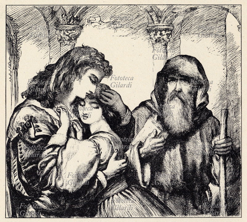 William SHAKESPEARE (1564-1616) Romeo e Giulietta (1595). "Giulietta, ma il mio amore sincero è cresciuto in così forte misura che io non posso calcolare nemmeno la metà della mia ricchezza." Alle loro spalle Frate Lorenzo, che diverrà complice del loro amore e matrimonio clandestino. Atto II Scena VI, illustrazione per la tragedia in una traduzione in italiano, circa 1830