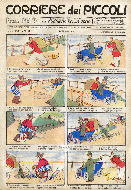 LE AVVENTURE DEL SIGNOR BONAVENTURA il celebre, fortunato personaggio che viene sempre riccamente premiato per le sue doti di onestà e rettitudine. Il nostro eroe va al mercato di Lodi per smerciar bollette e chiodi, un generoso gentiluomo gli offre un passaggio sulla sua automobile. Mentre sono in viaggio un pericoloso bandito gli spara, e colpisce il sacco che comincia a seminare chiodi; parte quindi all\