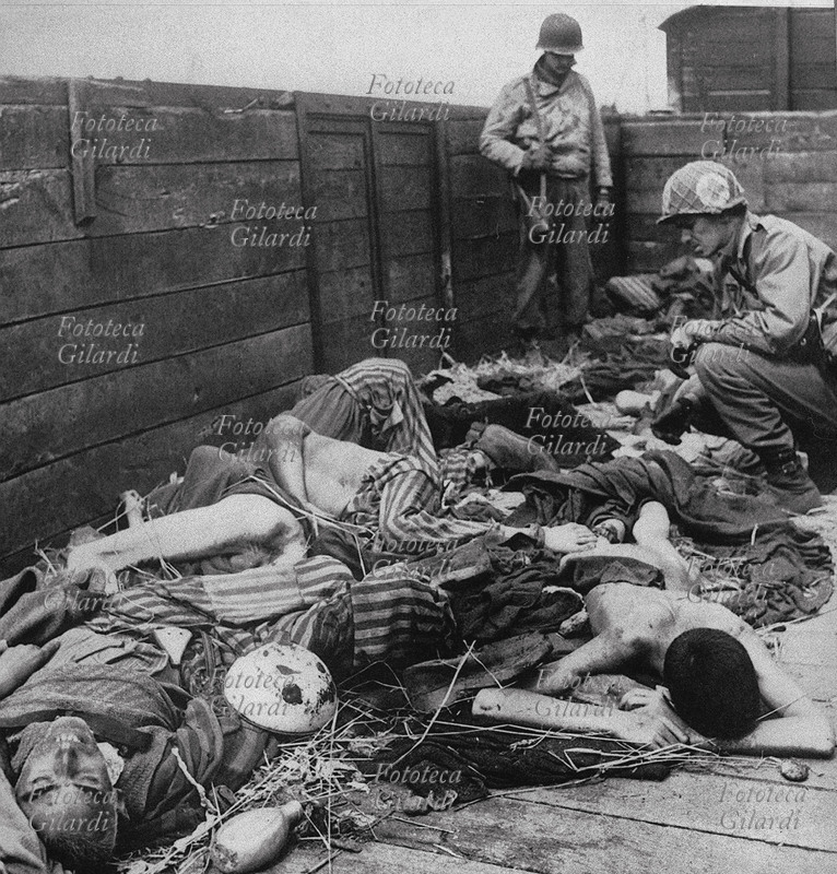 NAZISM Dachau: Allies discovered the horror of the Nazi extermination: the remains of some deportees are found in a wagon by American soldiers. Germany, April 29, 1945