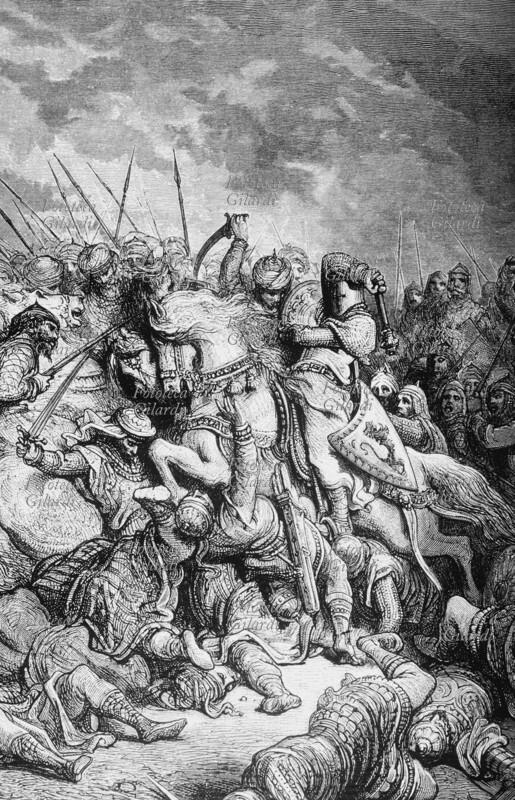 RICCARDO I Cuor di Leone (1157-1199) contro le forze musulmane di Saladino, alla battaglia di Arsuf, il 6 settembre 1191, durante la III crociata (1189-92). Incisione di Gustave Doré da trattato di Joseph François Michaud, 1808-1822