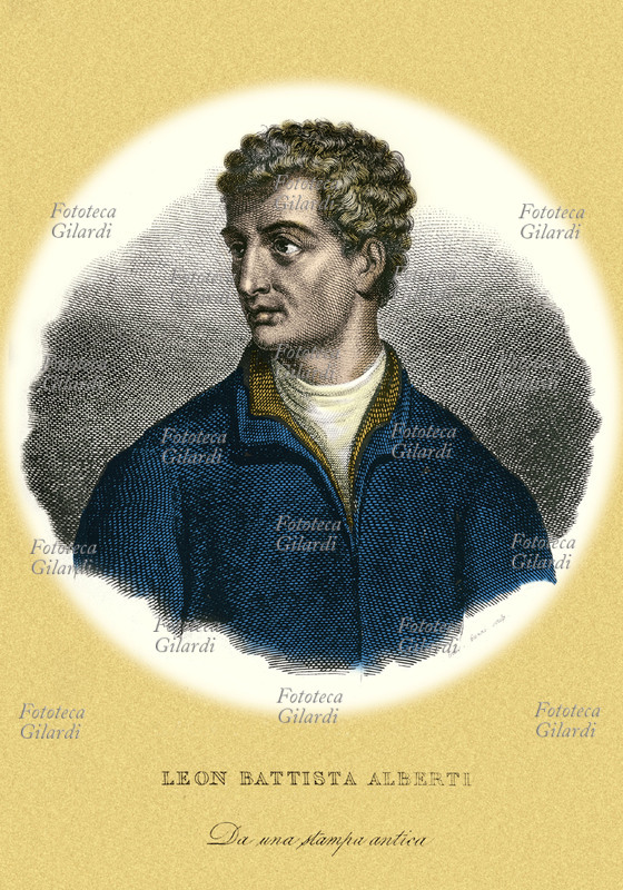 Leon Battista ALBERTI (1406-1472) Filosofo, architetto, musicista, pittore e scultore. Ritratto in una incisione colorata del XIX secolo.