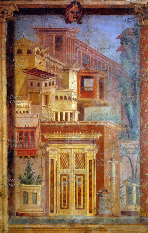 ANTICA ROMA. Veduta panoramica di case romane. Particolare degli affreschi nella villa di P. Fannius Synistor a Boscoreale. Arte della fine del periodo repubblicano, 40 a.C.