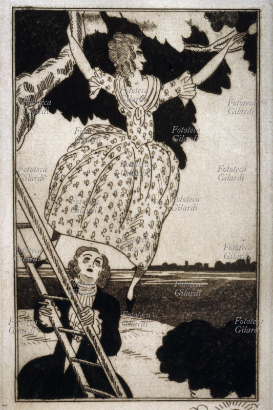 Giacomo CASANOVA (2 aprile 1725 – 4 giugno 1798) Il seduttore sostiene la scala addossata ad un albero per una dama, che maliziosamente si allunga verso un ramo offrendogli una perfetta visuale sotto l\