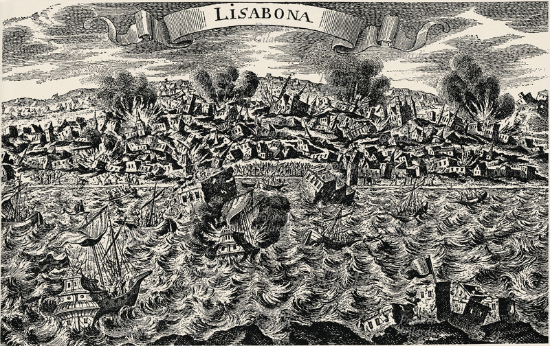 TERREMOTO Il catastrofico terremoto e maremoto di Lisbona del 1 novembre 1755 che causò oltre 20.000 vittime. Incisione del XVIII secolo.
