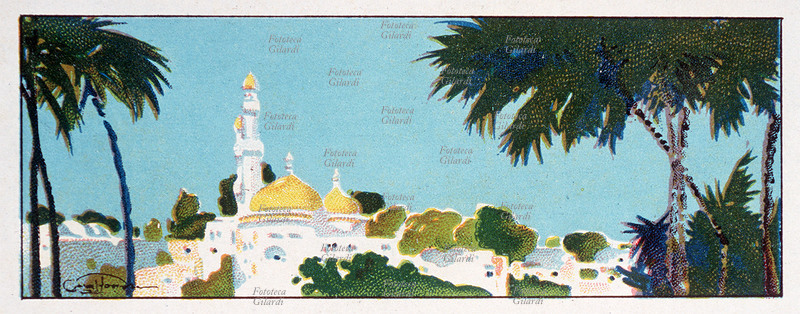 TUNISI raffigurazione simbolica della città con moschea.Da una serie di 10 litografie a colori realizzate come promozionale per \