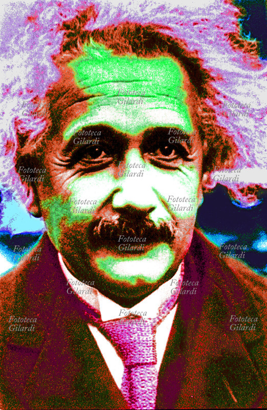 Albert EINSTEIN (14 marzo 1879 – 18 aprile 1955), fisico tedesco naturalizzato svizzero e poi statunitense, elaboratore di alcune delle più influenti teorie scientifiche del XX secolo, alla base della fisica moderna. Primo piano fotografico, Germania, 1925. Elaborazione grafica in colori arbitrari con toni di bianco/verde e sfumature di rosso di Elena Piccini, Italia 2000.