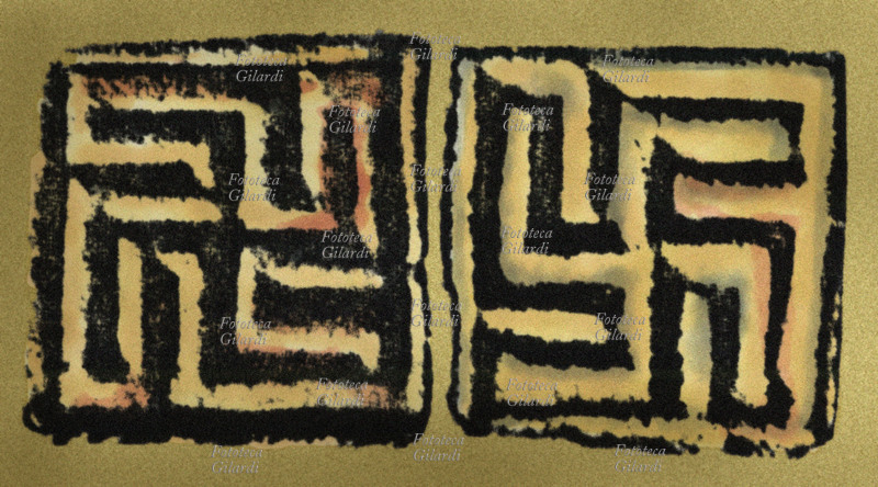 INDIA La svastica, simbolo della croce indiano, da una decorazione architettonica riprodotta in una stampa. I suoi bracci possono orientarsi sia in senso orario che in senso antiorario. L\