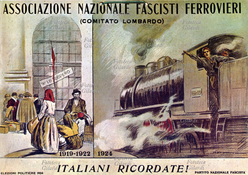 FASCISM Election propaganda postcard for the 1924 suffrage. The Lombardy Committee of the National Association of Fascist Railway Workers urges people to vote for the National Fascist Party, comparing the dissatisfaction of previous years with the efficiency of the famous, always-on-time trains since the advent of fascism. Italy, 1924.