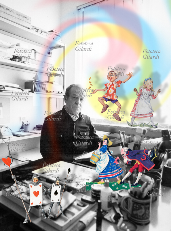 Libico MARAJA (1912 - 1983) pittore, disegnatore e illustratore, al tavolo da disegno, attorniato dai protagonisti dei libri di favole illustrate. Fotografia, Como 1982 circa- Elaborazione CG 2010