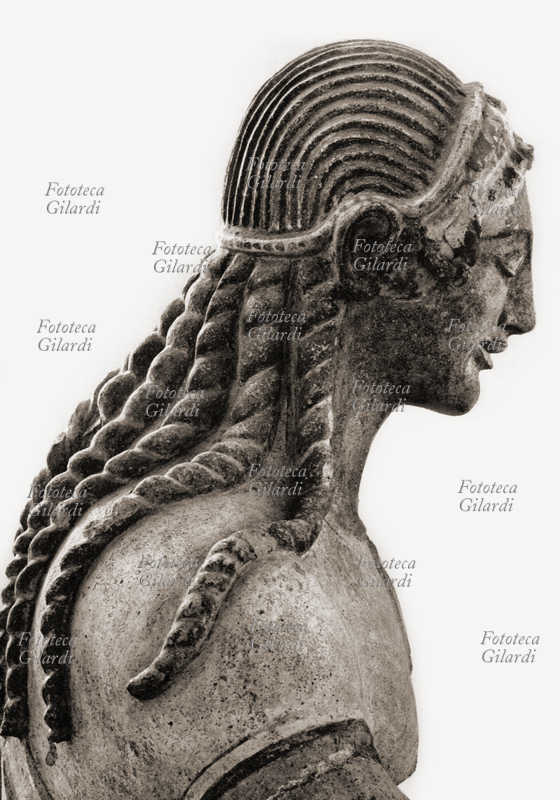 ETRUSCAN Apollo of Veii, detail of the head of the statue in painted terracotta size. Rome, National Etruscan Museum of Villa Giulia, the end of the sixth century BC