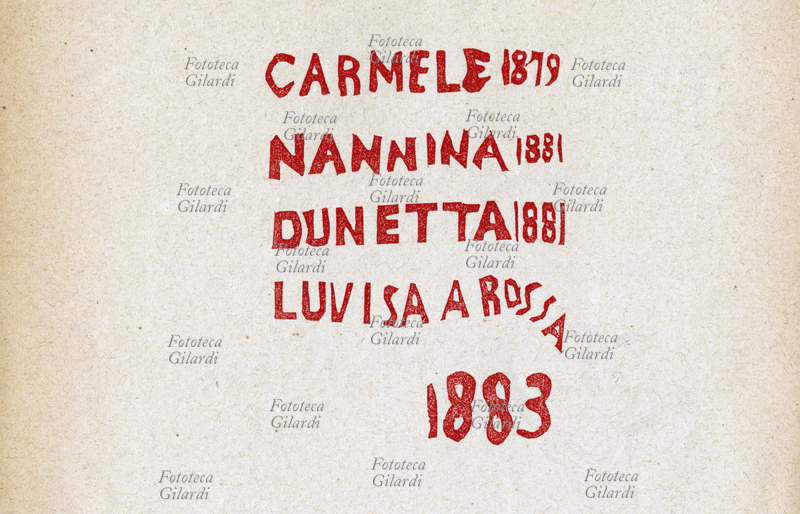 CRIMINAL ANTHROPOLOGY design performed for survey and study of tattoos of affected people: "Carmele 1879 Nannina 1881 Dunetta 1881 Luvisa red 1883". Illustration from \