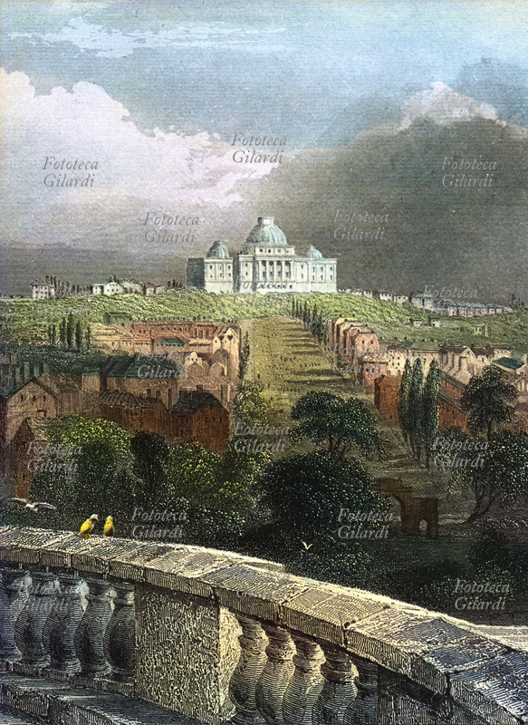 WASHINGTON wide view from the porch of the White House, in the center you can see the Capitol building. Color lithograph, USA 1825-26.