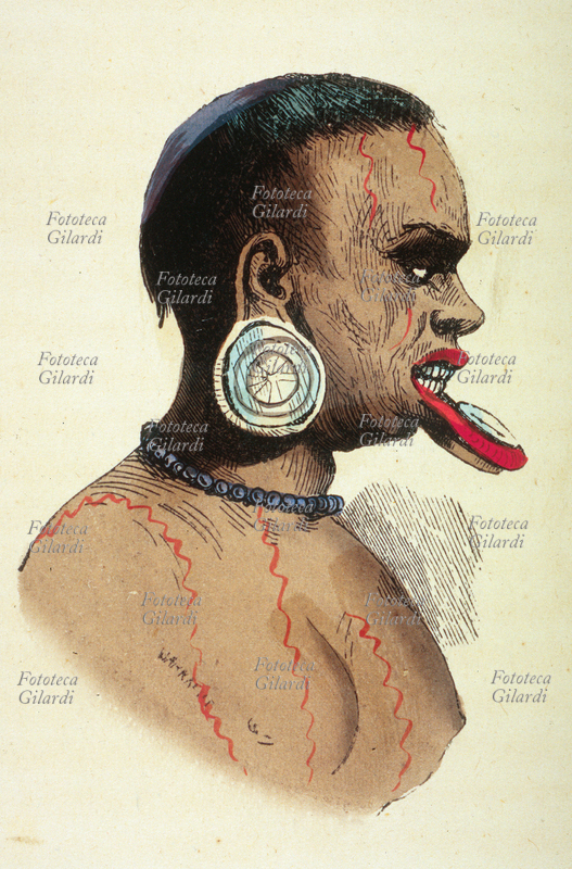 BRASILE indios, donna Botocudos. Popolazione nomade di cacciatori e guerrieri, nei dintorni del Rio Belmonte. Tavola illustrata da: \