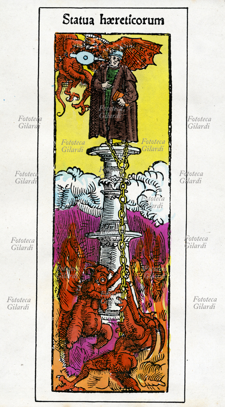 MARTIN LUTERO (1483-1546) isolato in cima ad una colonna come uno stilita, assediato e incatenato dai demoni dell\