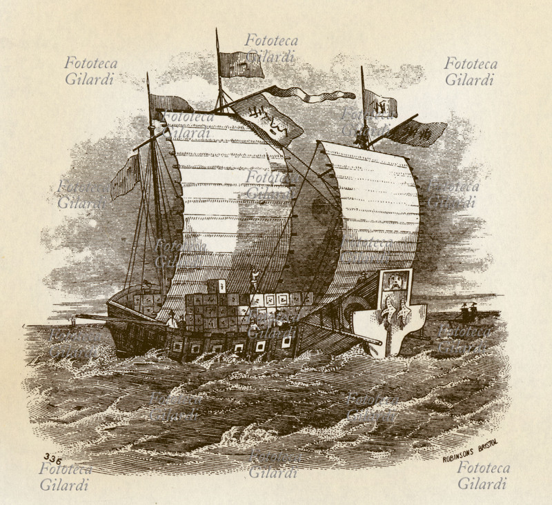 COMMERCIO una nave trasporta casse di tè dalla Cina in Inghilterra. Incisione su acciaio, Robinsons, Bristol, Gran Bretagna, XIX secolo.