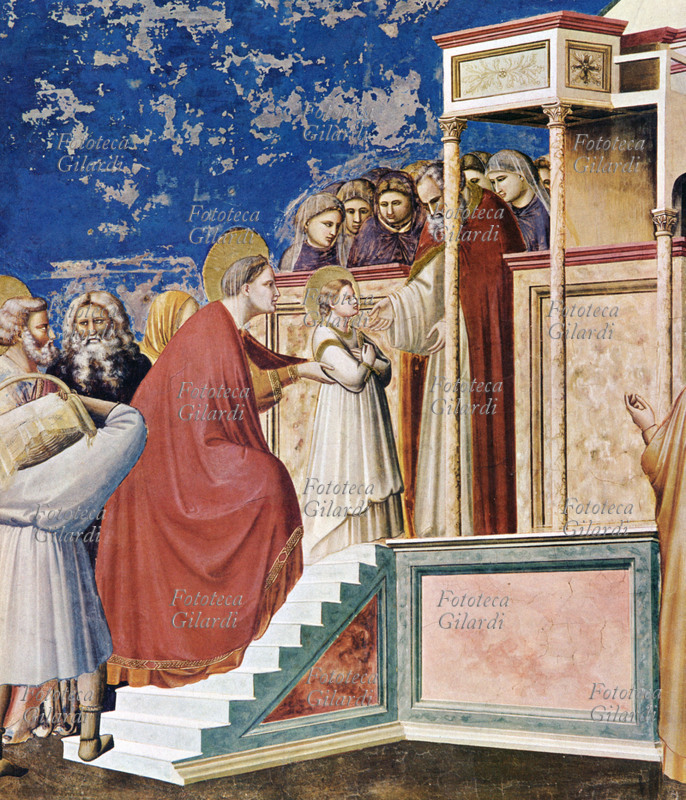 VANGELO La presentazione di Maria al Tempio. La fonte letteraria principale di questo ciclo di affreschi è la Leggenda Aurea di Jacopo da Varazze il quale riprende i Vangeli apocrifi , in particolare il Protovangelo di Giacomo, il Vangelo apocrifo dello Pseudo Matteo e quello della Natività della Vergine. Stampa da affresco di Giotto per il ciclo della Cappella degli Scrovegni di Padova, affresco 1303 - 1305
