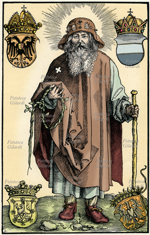 San COLMANO di Stockerau o Colmanno di Stockerau (Irlanda, X secolo - Stockerau, 1012) pellegrino irlandese, assassinato in Austria mentre si recava in Terra Santa. È celebrato come santo dalla Chiesa cattolica. "Johannes Stabius (Johann Stab) (1450- 1522) come Der Heilige Koloman" incisione (colorizzata) di Hans Springinklee (c.1490 / c.1495 - c.1540) artista tedesco di Norimberga allievo di Albrecht Dürer, 1513