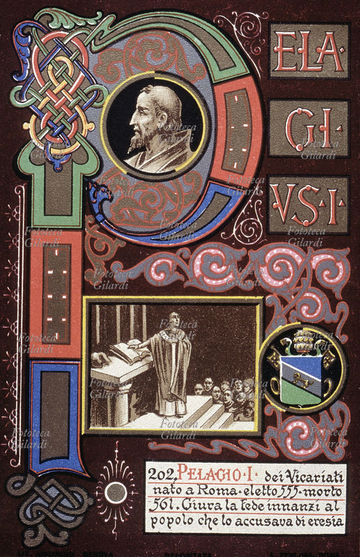 PAPA PELAGIO I dei Vicariati (? - 561), nato a Roma, eletto nel 555, giura la sua fede dinnanzi al popolo che lo accusava di eresia, a causa della vicinanza con l\