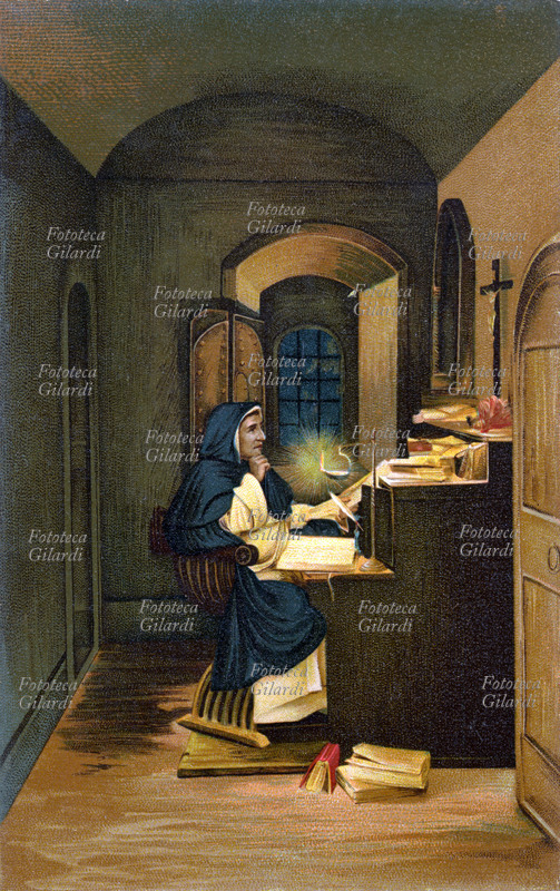 Girolamo SAVONAROLA (1452-1498) Domenicano ferrarese, nella sua cella. Il monaco si oppose allo spirito paganeggiante del Rinascimento, ed avviò la Repubblica di Firenze ad un regime democratico (1494-98). Scomunicato da Papa Alessandro VI nel 1497, un anno più tardi nel corso di gravi disordini fu condannato ad essere impiccato ad una croce e poi bruciato sul rogo. Cromolitografia, Firenze 1910 circa