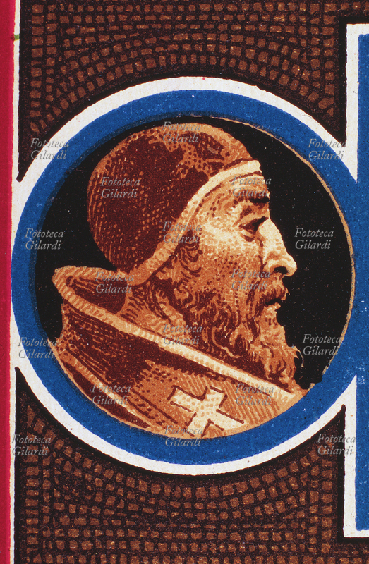 PAPA SAN CELESTINO I (380? - 432), nato a Roma, eletto nel 422. Regalò arredi Sacri alle Chiese. Ritratto, dettaglio da una cartolina cromolitografica della \