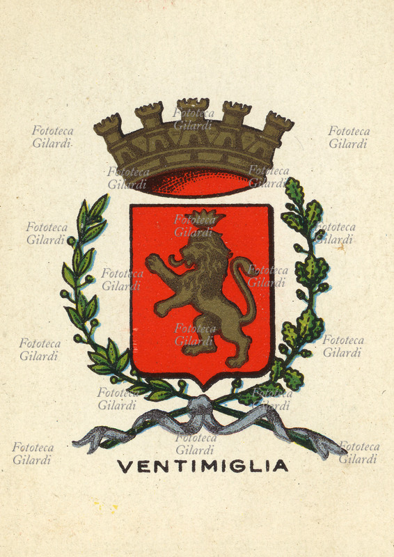 VENTIMIGLIA (Imperia) Albintimilium, municipio romano, già capoluogo del popolo ligure degli Intemelii, sorgeva nella parte orientale della città moderna, verso la foce del torrente Nervia. Più volte invasa dai barbari, si trasferì sul colle a occidente del fiume Roia. Stemma di rosso al leone rampante coronato d\