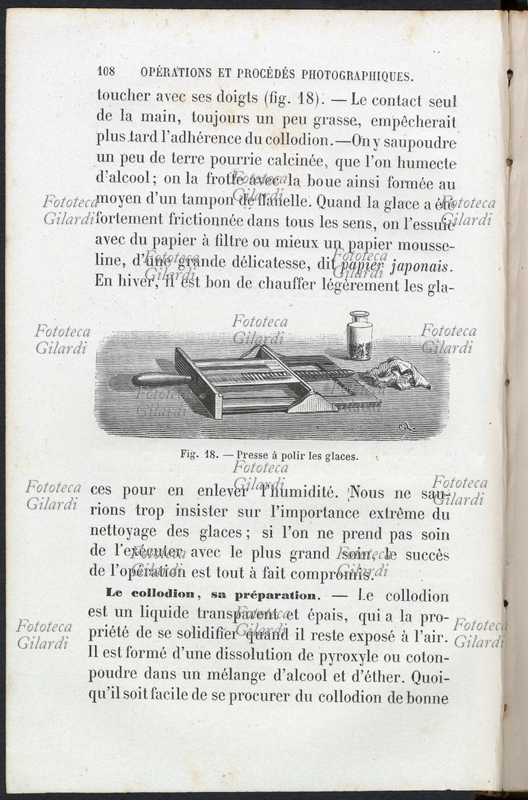 HISTORY OF PHOTOGRAPHY torchietto for the application of the sensitive emulsion on the plate. Page with illustration by CL, from the chapter "Operations and photographic procedures" of a photographic technique treatise. France, late 19th century