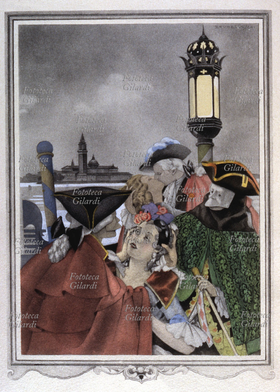 Giacomo CASANOVA (2 aprile 1725 – 4 giugno 1798) si muove furtivo in maschera fra coppie che amoreggiano durante il Carnevale veneziano. Illustrazione di Umberto Brunelleschi (21 giugno 1879 – 16 febbraio 1949) per una edizione numerata delle \