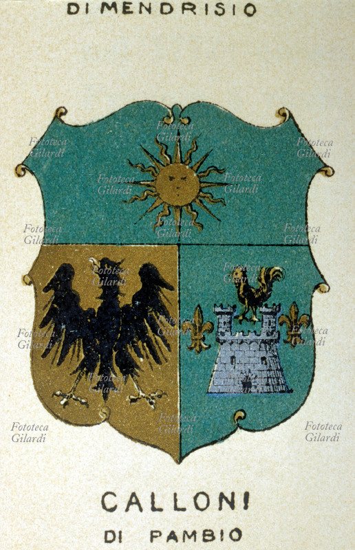 STEMMA Calloni di Pambio, famiglia patrizia del Canton Ticino. Scudo troncato: nel primo di azzurro al sole d\