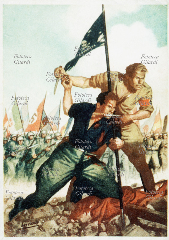 SECONDA GUERRA MONDIALE alleanza tra esercito fascista e nazista in una illustrazione simbolica di Gino Boccasile (14 luglio 1901 – 10 maggio 1952): due soldati, un italiano e un tedesco, avanzano affiancati sulla barricata, il primo stringe in mano una bomba e tra i denti una baionetta, il secondo brandisce un coltello. Cromolitografia, cartolina di propaganda a cura del P.N.F., dopolavoro Forze Armate, Italia 1943.