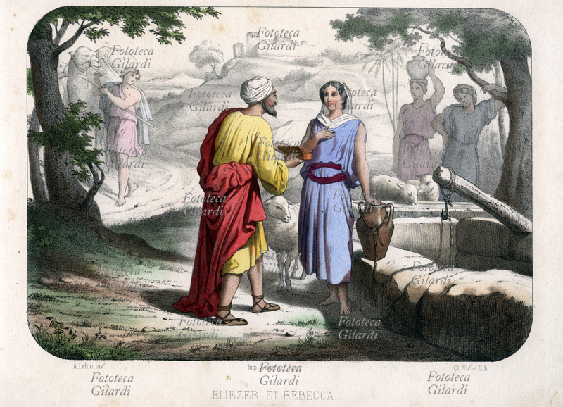 BIBBIA "Eliezer e Rebecca": il servo di Abramo, da lui incaricato di trovare una moglie per Isacco, incontra Rebecca presso un pozzo di Arran; la giovane acconsente a seguirlo e a sposare il cugino. Tavola da "La Bible en estampes", illustrata con litografie di Ch. Vallet da composizioni di Auguste Leloir (1 luglio 1809 - 8 marzo 1892), testi estratti da "la Bible du Jeune Age" di Élisabeth Muller. Stampa Lemercier, Editore Amédée Bédelet, Parigi 1860