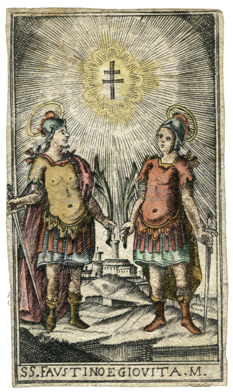 Santi FAUSTINO e GIOVITA (? - 120/134), nobili bresciani di famiglia pagana, intrapresero la carriera militare e divennero cavalieri; convertiti al Cristianesimo dal vescovo Apollonio, divennero abili evangelizzatori e subirono il martirio sotto Adriano per non aver voluto sacrificare agli dei. Dopo l\