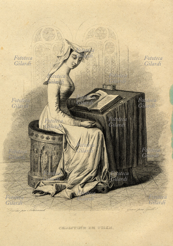 Christine DE PIZAN (1363 - 1430) scrittrice, poetessa e filosofa francese di origine italiana ritratta allo scrittoio. Considerata la prima scrittrice di professione, il suo appellativo deriva da Pizzano, paese dell\