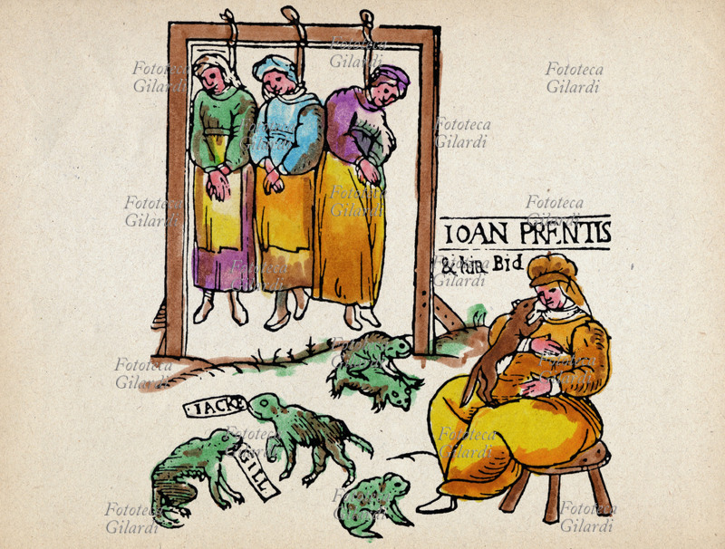 STREGHE Pubblica impiccagione delle tre streghe di Chelmsford: Joan Prentice, Joan Cony e Joan Upney. Incisione dell\