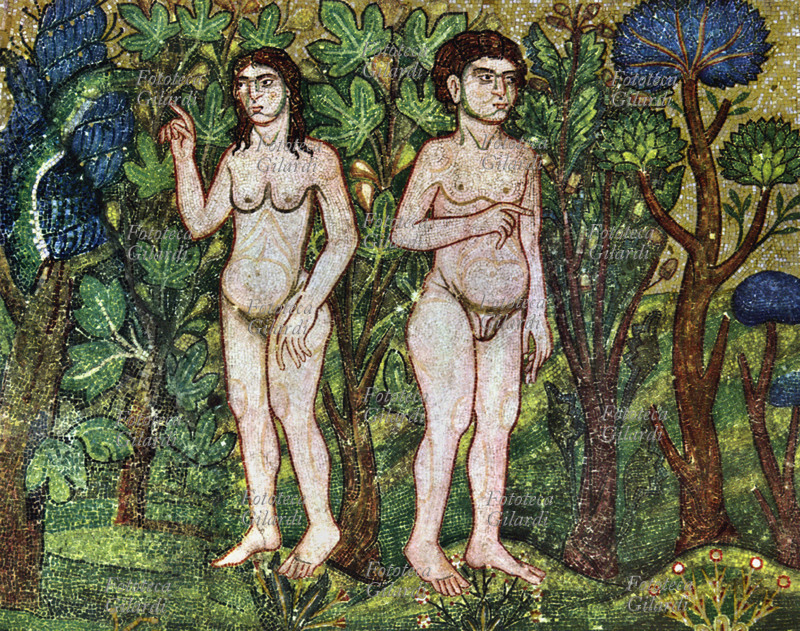 EVA accanto ad ADAMO nel Paradiso Terrestre, incontra il Serpente, dinnanzi ad un albero di fico. Mosaico di anonimo dalla cupoletta della Creazione nell\