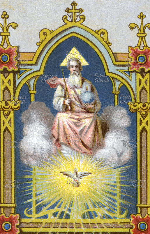 DIO raffigurazione simbolica di Dio Padre in trono con aureola a forma di triangolo e Spirito Santo - dettaglio da immagine devozionale popolare che illustra i sette Sacramenti, Cromolitografia, 1900 ca.
