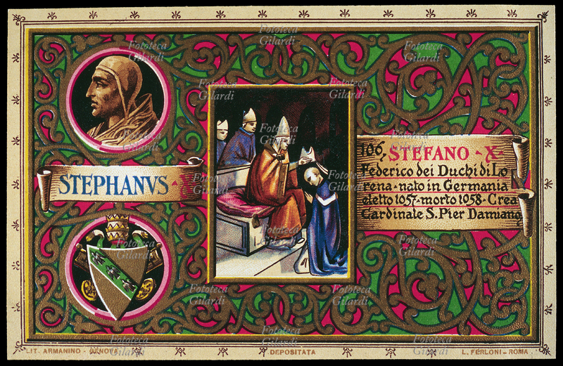 PAPA STEFANO X (1020 - 1058), al secolo Federico dei duchi di Lorena, nato in Germania, eletto nel 1057. Creò cardinale San Pier Damiano (1007 – 21 febbraio 1072). A causa della morte del secondo Papa Stefano avvenuta, nel 752, prima della consacrazione, non tutte le fonti tengono conto di quest\