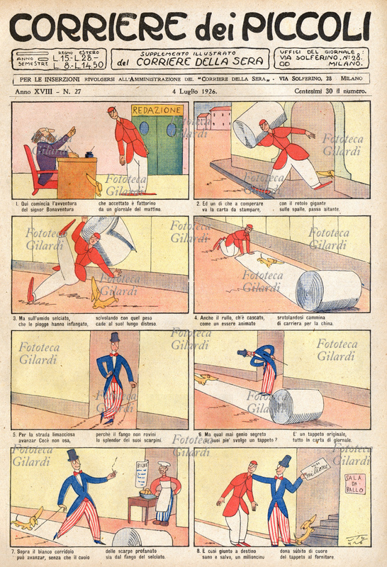 LE AVVENTURE DEL SIGNOR BONAVENTURA il celebre, fortunato personaggio che viene sempre riccamente premiato per le sue doti di onestà e rettitudine. Il nostro eroe lavora come fattorino per un giornale del mattino; mentre porta una enorme bobina di carta, scivola e cade sul terreno fangoso, e la bobina si srotola lungo la discesa; in questo modo forma una specie di tappeto asciutto e trae d\