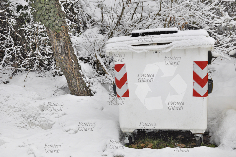 RACCOLTA DIFFERENZIATA anche sotto la neve - cassonetto bianco per la raccolta differenziata della carta. Fotografia di Patrizia Piccini, Ponzone (AL) febbraio 2010