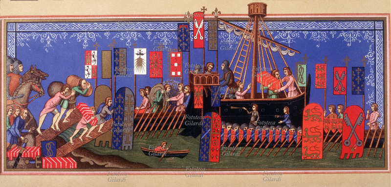 CROCIATE Imbarco di Cavalieri del Santo Spirito per la Crociata. Le navi sono decorate con gli stemmi del Papa, dell\