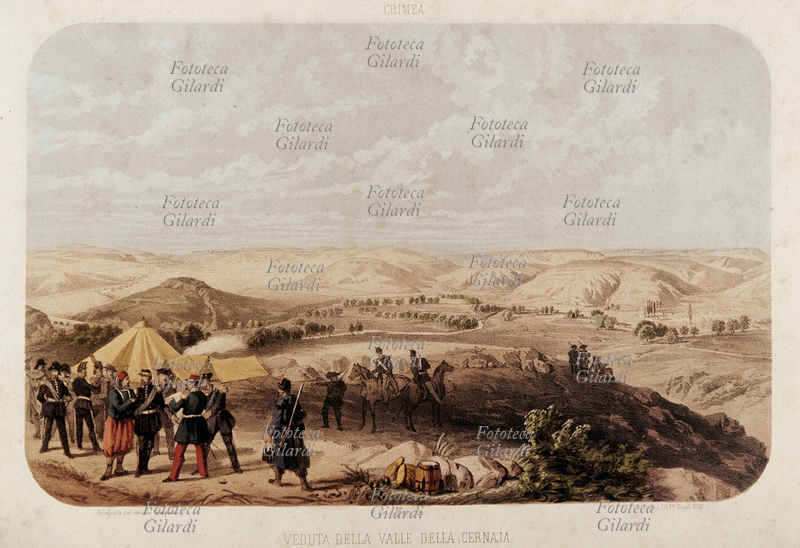 RISORGIMENTO/Crimea - Partecipazione italiana alla Guerra di Crimea. Veduta della Valle della Cernaja, ove ebbe luogo la famosa e unica battaglia che impegnò le forze italiane (18.000 uomini) coinvolte nel conflitto. Durante tutta la guerra vi furono solamente 23 caduti, tuttavia morirono 2000 soldati in una violenta epidemia di colera. Litografia, Roma 1856